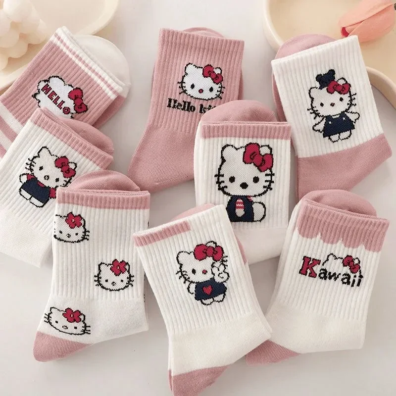 Cartoon Hello Kittys Sanrios Kuromi Socks Ins Girl's Heart Kawaii Warm and Versatile Four Seasons Medium Socks Gifts