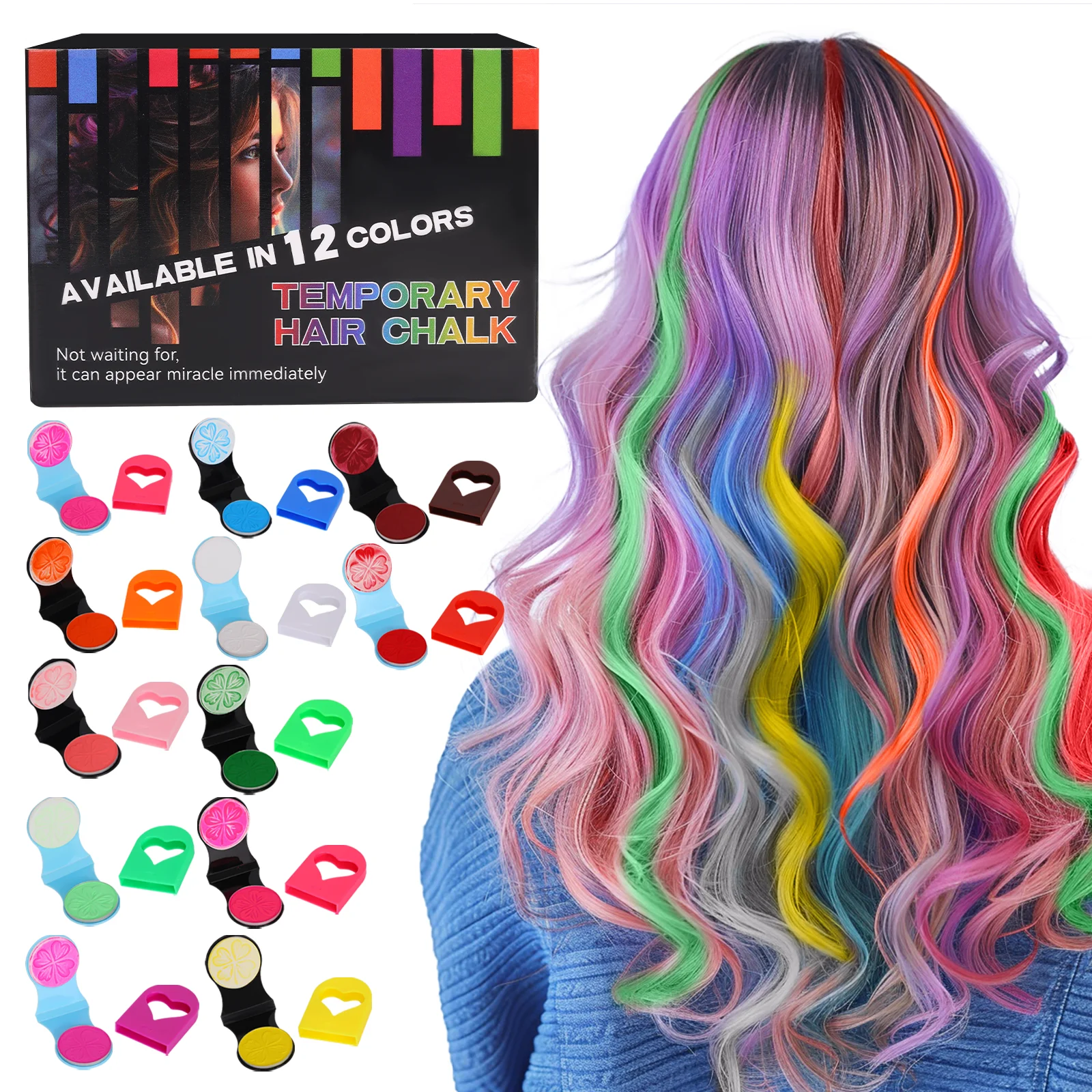 12 Colors Temporary Non-Toxic Hair Chalk for Adults Safe, Long-Lasting & Easy to Wash Out for Concerts, Parties & Festivals