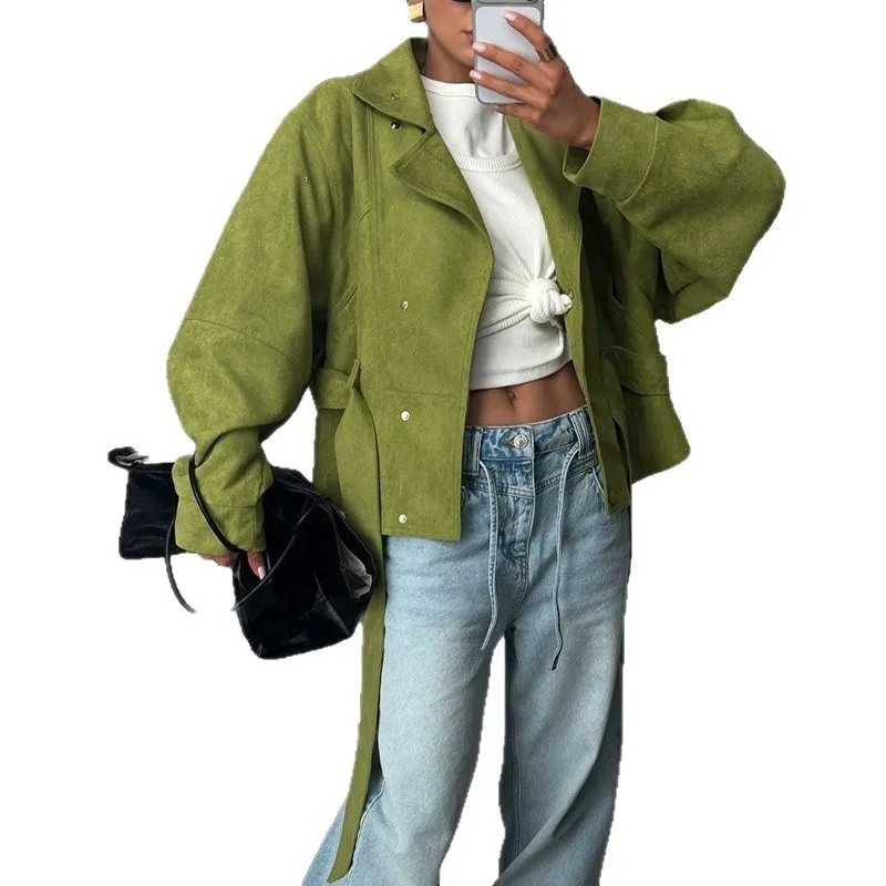 Stand Collar Tie Closure Coat with Regular Length Commuter Chic Medium Weight Long Sleeve Women Coat Heat Set Finish Spring