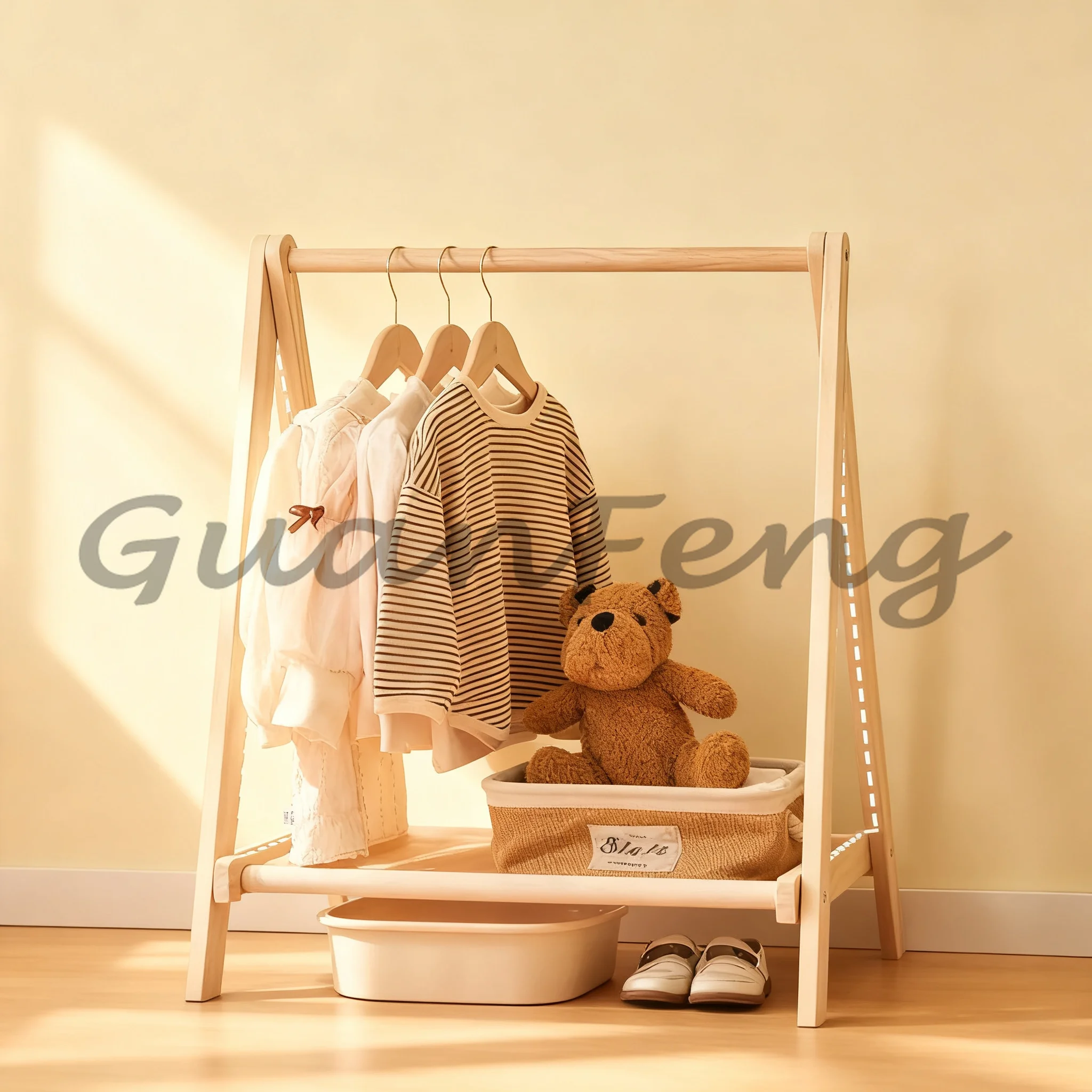 Solid Wood Folding Garment Rack with Support Rods Simple Stylish Freestanding Clothes Hanging Stand