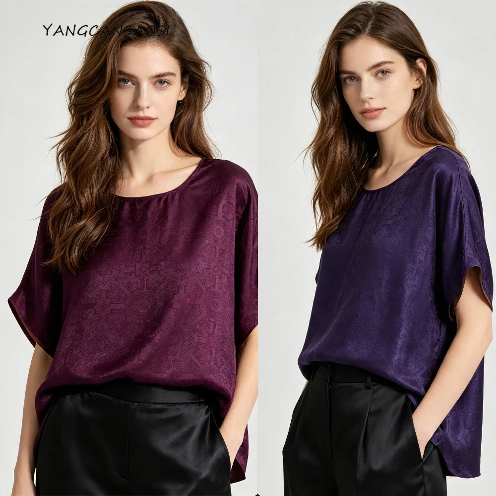 Plus Size Women's Casual Summer New 100% Natural Mulberry Silk SangBo Satin Simple Round Neck Short Sleeved T-shirt