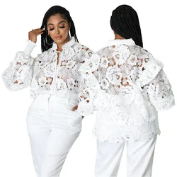 Women Elegant Lace See Though Ruffles Lantern Long Sleeve Floral Shirt and Blouse Tops Dashiki African Shirts