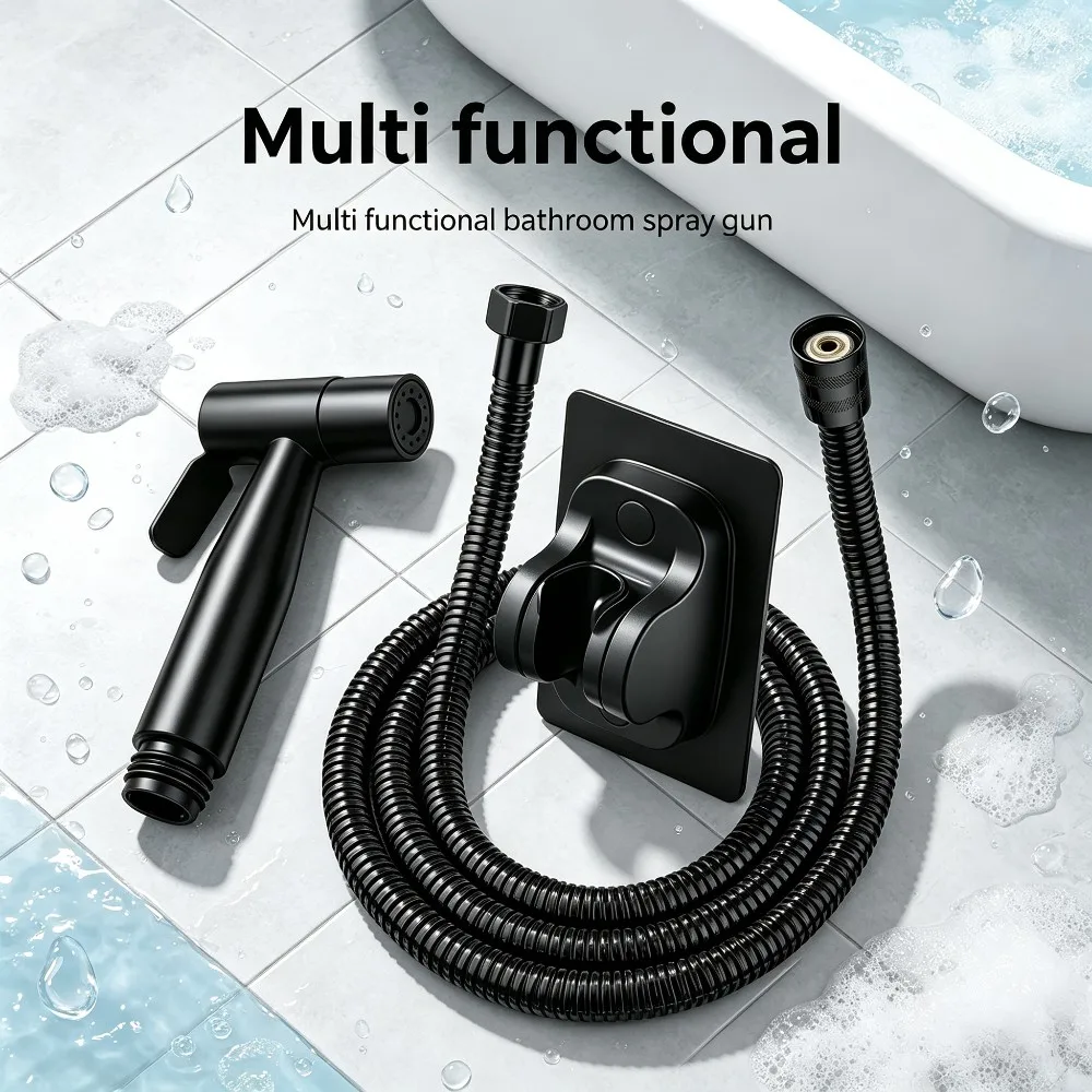 Black Versatile Bathroom Spray Gun with Strong Water Pressure Durable Hose And Mount for Bidet Toilet Floor Pet Bath