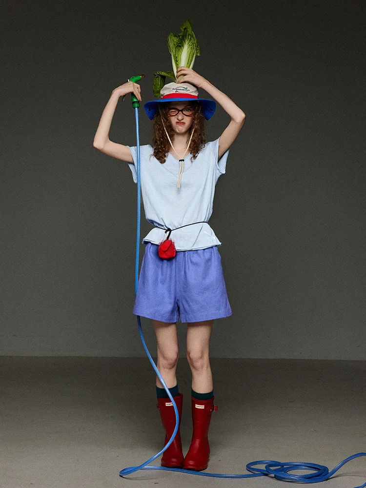 

Ретро-футболка с круглым вырезом и коротким рукавом, женская, свободного кроя, тонкая, весна-лето, TNIT, для повседневной носки, однотонная, с V-образным вырезом