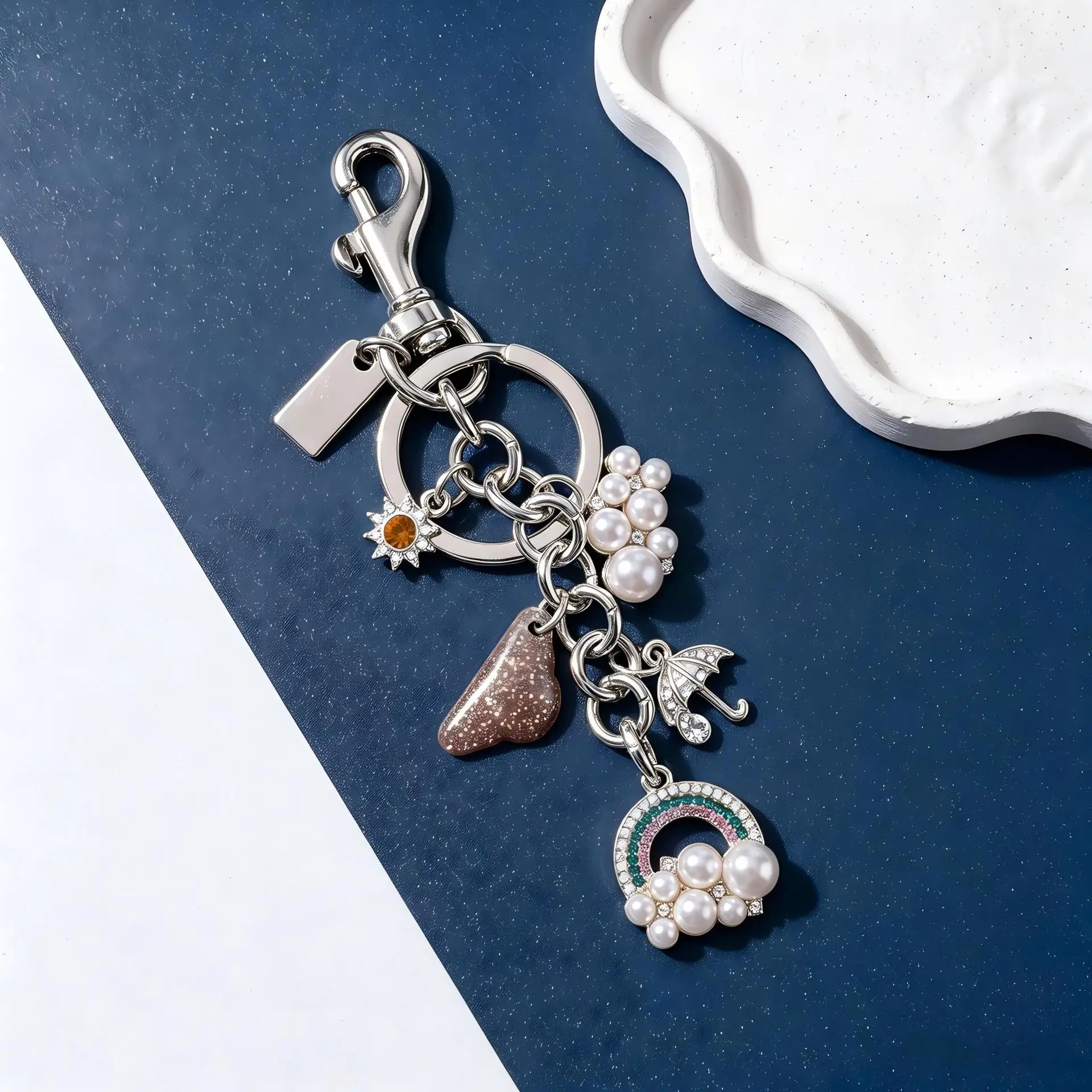 Crystal Rainbow Purse Charm Gold Rhinestone Pearl Keychain Whimsical Anti Tarnish Bag Accessory For Women Designer Handbags Gift