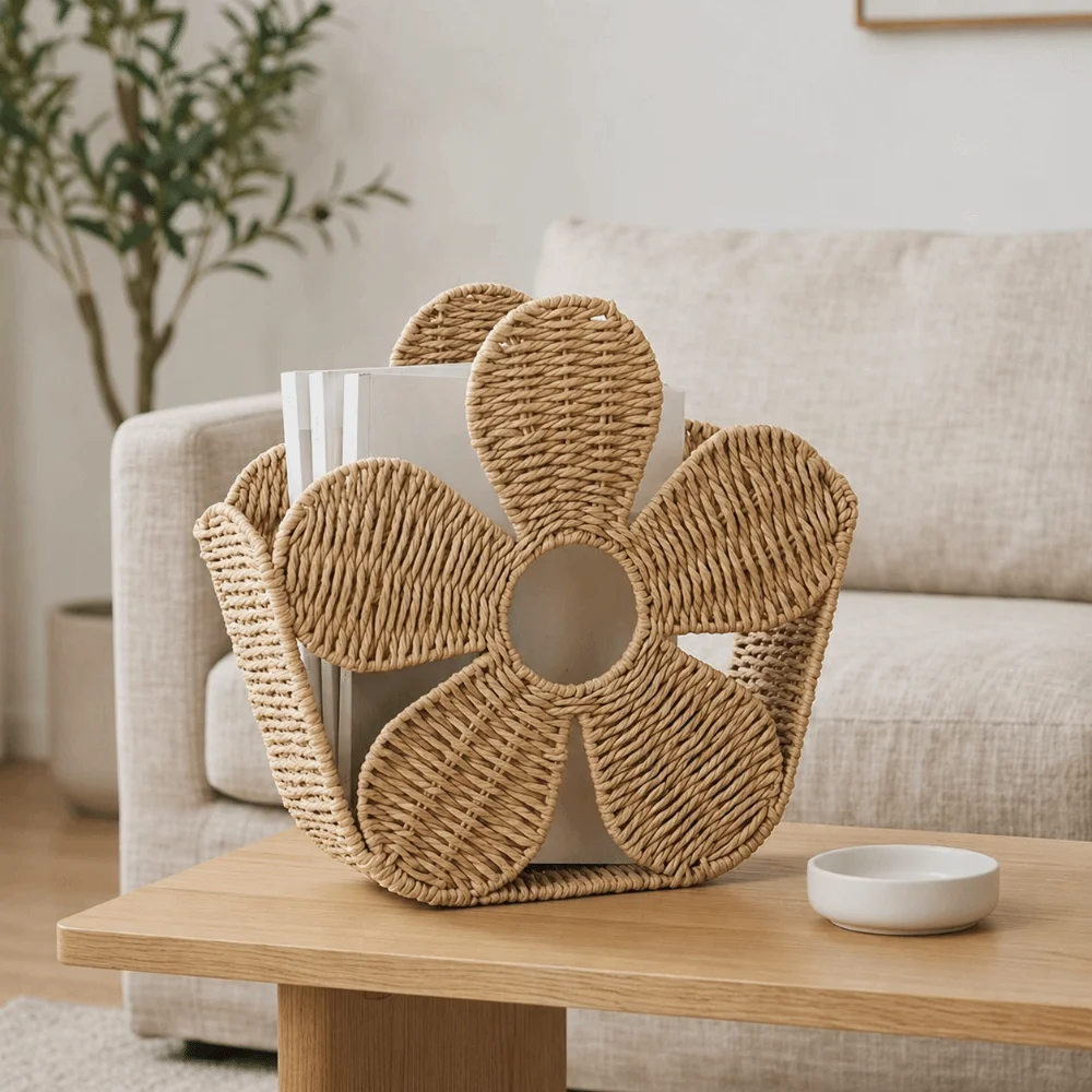 

Paper Rope Magazine Storage Basket Large Capacity Decorative Flower Shape Storage Basket Nordic Style File Organizer Living Room
