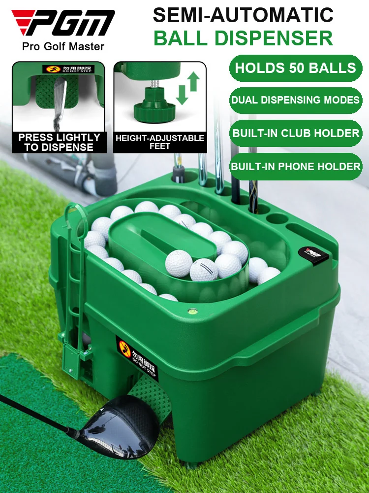 PGM JQ021 Semi-Automatic Golf Ball Feeder Dispenser, 50-Ball Capacity, Dual Tracks and 6-Club Rack for Indoor Outdoor Practice