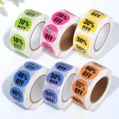 6 Rolls Round Stickers Adhesive Percent Off Labels Colored Retail Tags for Supermarket Price Displays