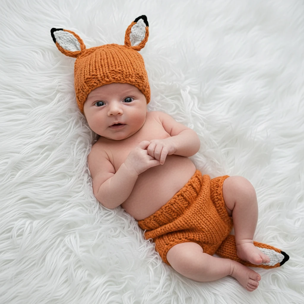 

Вязаный комплект ручной работы из 2 предметов, реквизит для фотосъемки, милый мягкий эластичный вязаный крючком оранжевый шапка с лисой и брюки, наряд для студийных аксессуаров