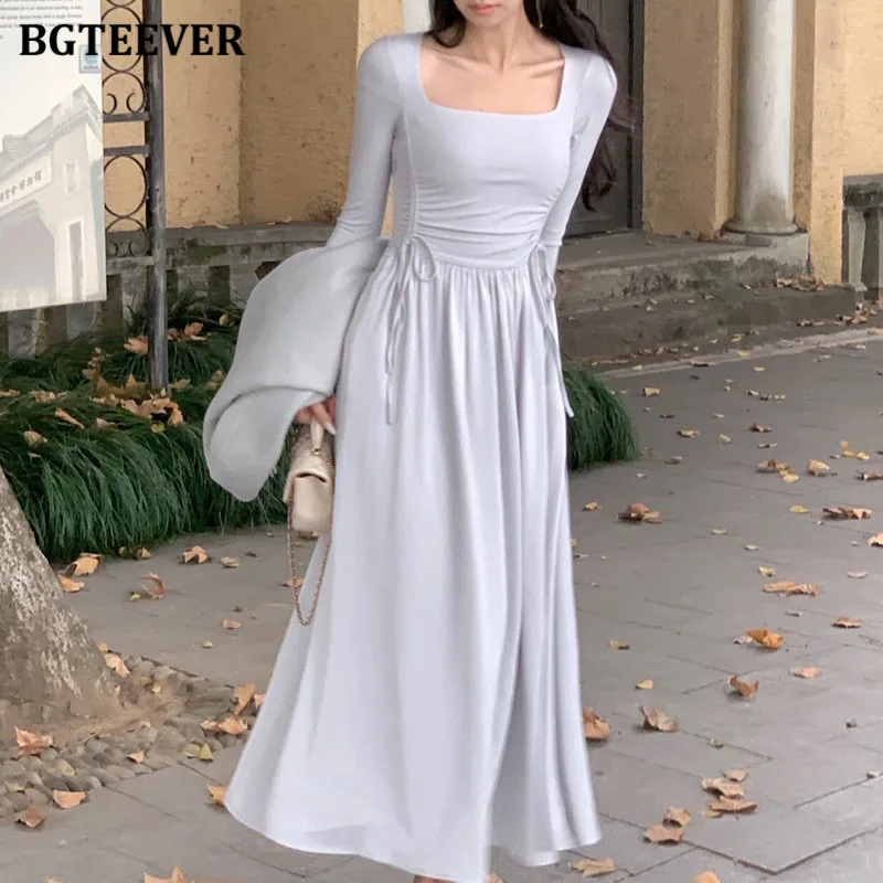 

BGTEEVER Autumn Winter Square Collar Ladies Mid-Length Dress Elegant Long Sleeve Slim Waist Lace-up Female A-line Dress