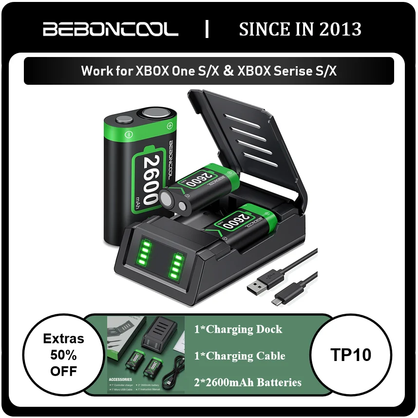 BEBONCOOL TP10 2*2600mAh XBOX Batteries Pack For XBOX One S/X / XBOX Serise X/S Rechargable Battery with Battery Charger