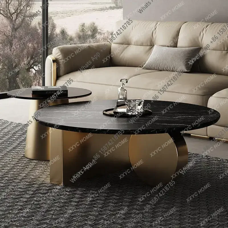 Light Luxury Coffee Table Modern Simple Living Room Small Marble Glass Round Coffee Table Combination Stainless Stee