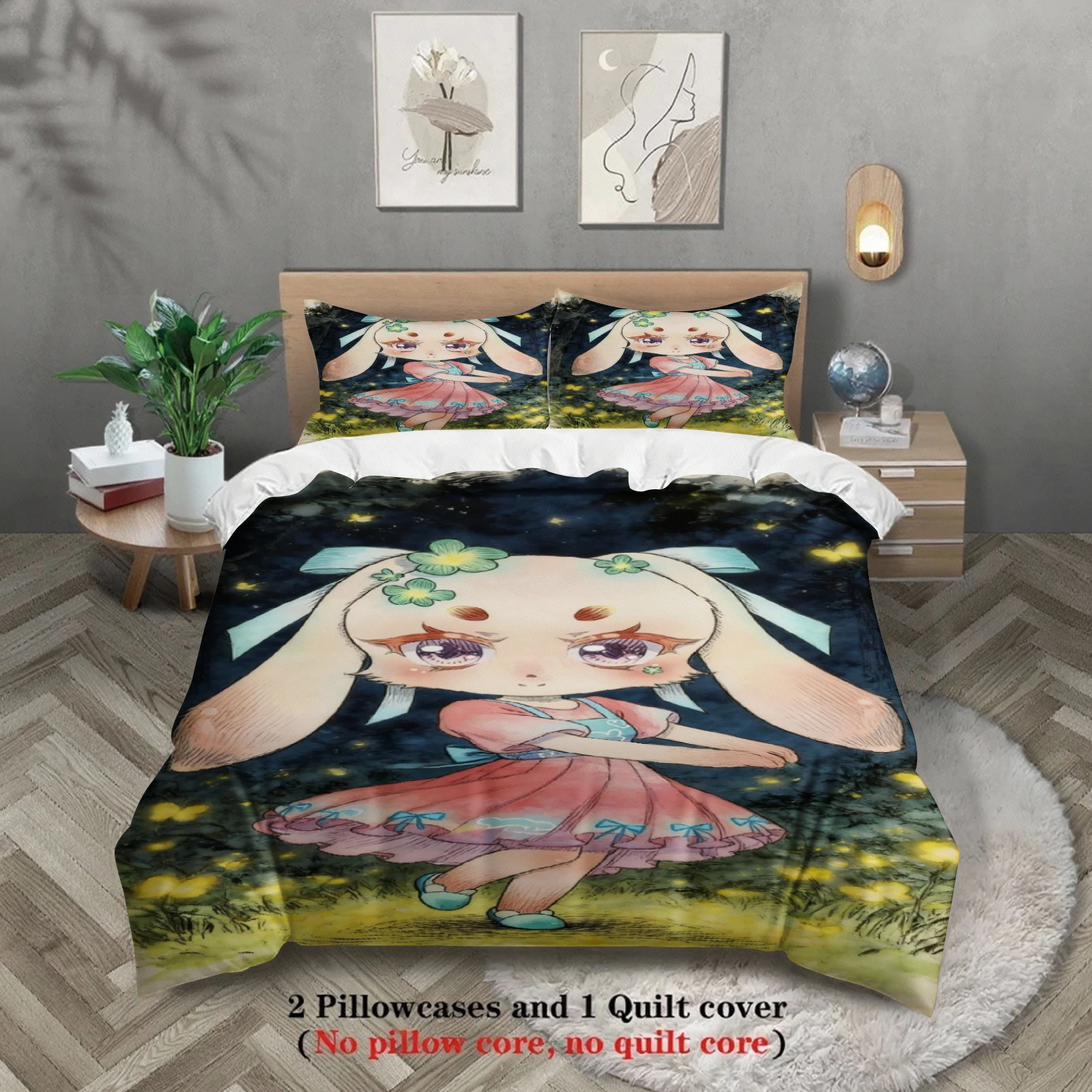 Softville Cozy Town 3PCS Bedding Sets Lop RabbitTwirling in Grassland Pint Duvet Cover No filling Cartoon Style Queen King Size