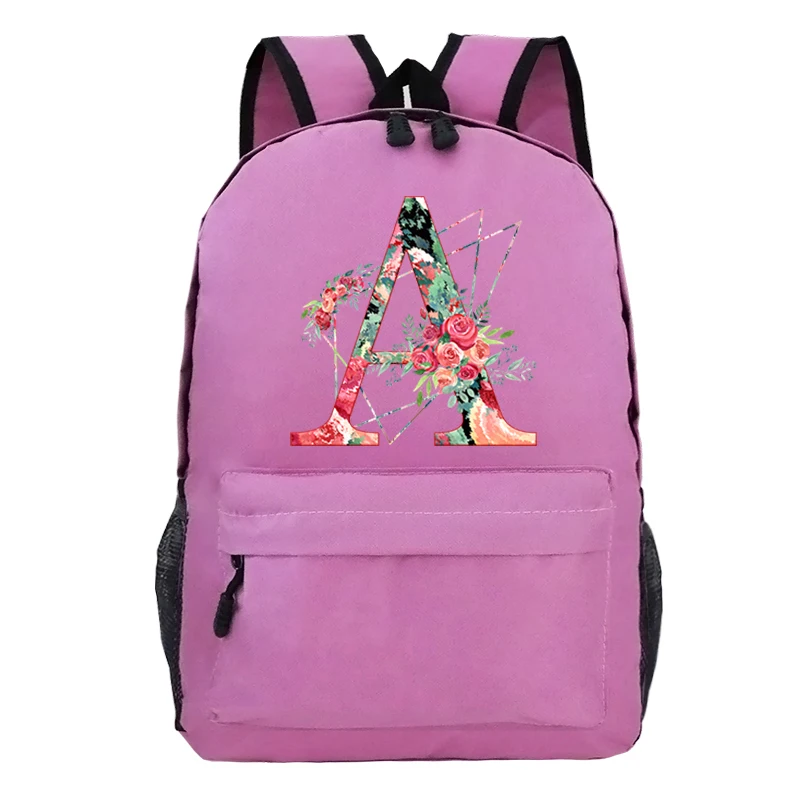 Colorful A-Z 26 Alphabet Flower School Bags for Girls Large Capacity Travel Mochila Feminina Creative Alphabet Floral Bag Pack