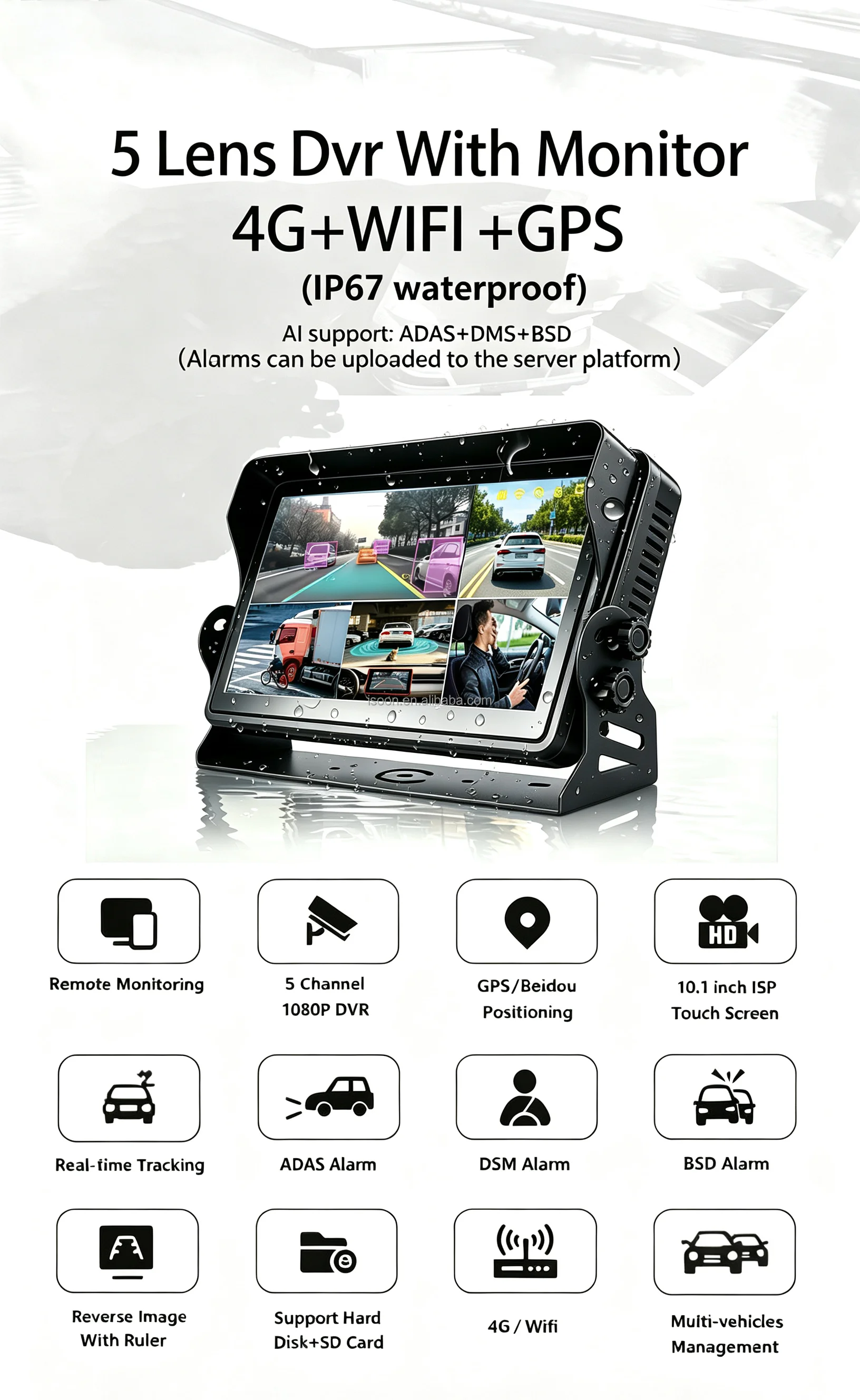 Waterproof Hd Touch Screen Lcd 5 Channel 5ch AI 4g Lte Car Vehicle Truck Dashcam Dash Cam Camera 5ch Mdvr Dvr with Gps
