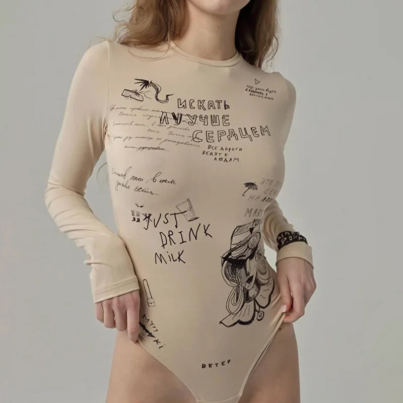 

Faionable Long Sve round Ne Print Slim Fit Jumpsuit Women's Summer New Sle Versatile mid Waist Nine Points Pants