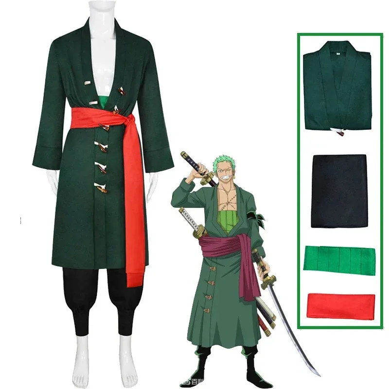 

Anime Roronoa Zoro Cosplay Costume Aldult dark green Trench pants belt Wig Halloween Men Clothes Full Set HYr,7;k'2.s;9,