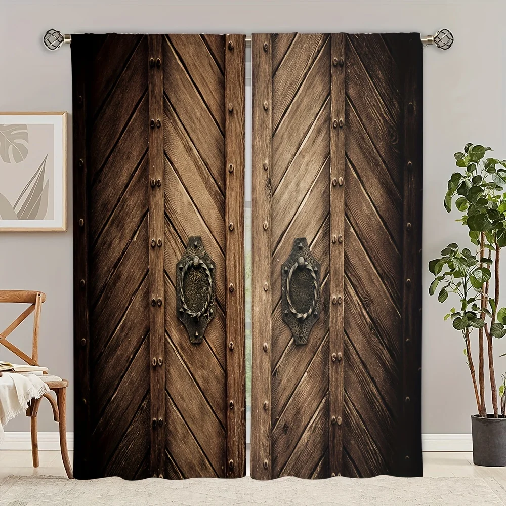 2pcs Rustic Window Curtain Old Wooden Barn Door Pattern Farmhouse Countryside Village Rural Print Curtain For Kitchen Room