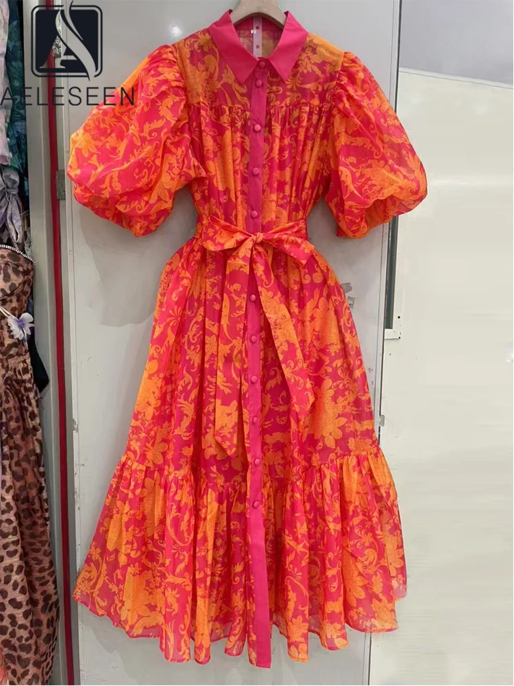

AELESEEN 2025 Spring Summer New Notched Lapel Single Button Puff Sleeve Floral Print Loose Midi Party Dress with Belt Female
