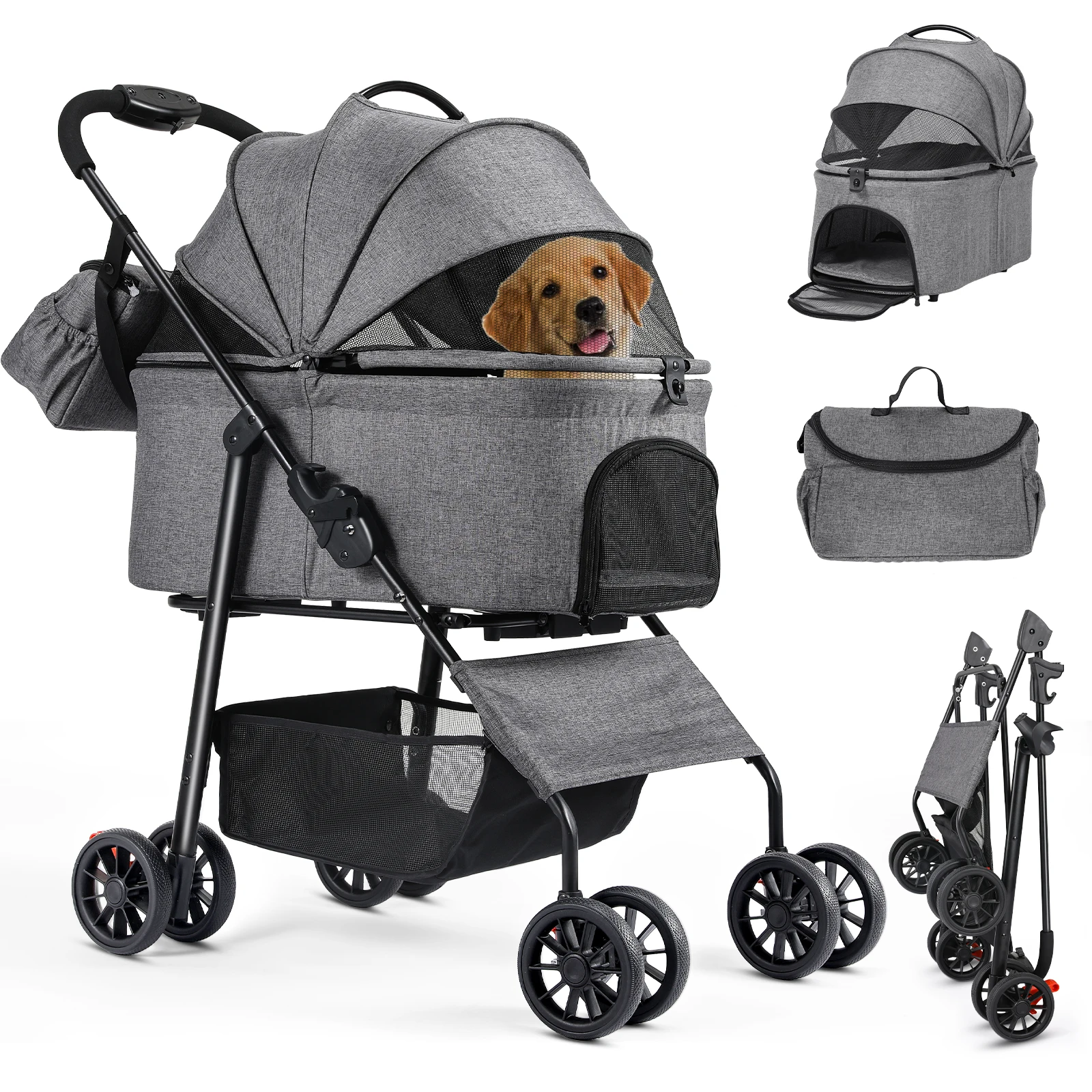 Kinderwagen voor honden en katten, afneembare reistas en autostoeltje voor huisdieren, aluminium frame 4-wieler reiskinderwagen voor huisdieren