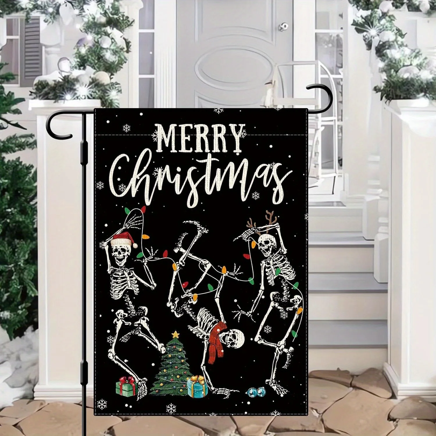 Merry Christmas Skeleton Garden Flag 12x18 Inch Double-Sided Vertical Polyester Farmhouse Yard Flag with Funny Skull
