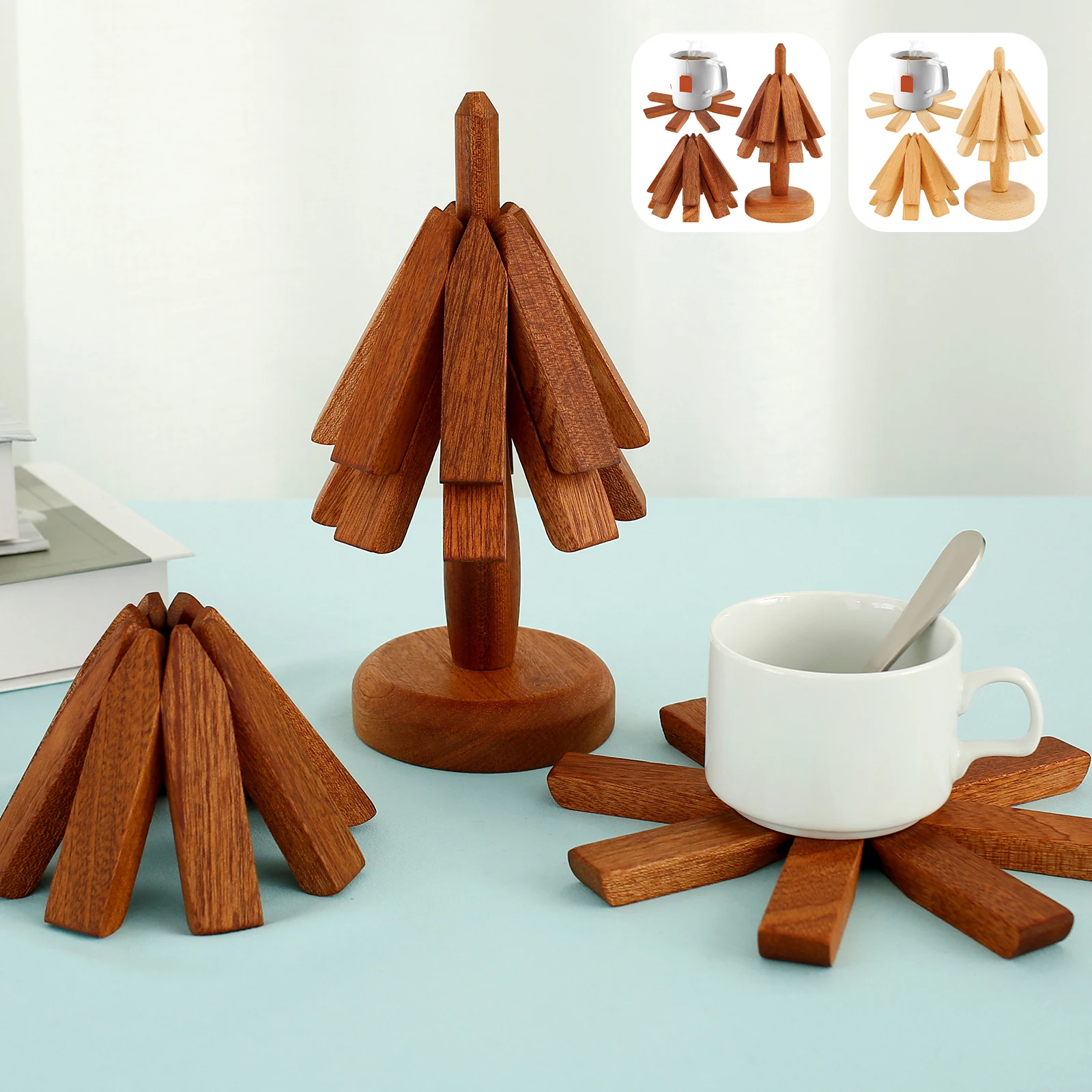 

4 Pcs Wooden Trivet with Holder Creative Tree Shape Trivet Set for Hot Dishes Foldable Wood Hot Pads Trivets Rustic Heat