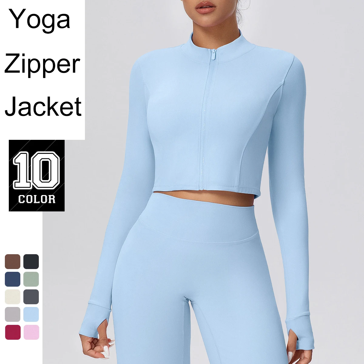 

1Pc Yoga Zipper Long Sleeves Solid Color Slim Casual Workout Top Quick Drying Pilates Sports Running Yoga Coat Thumbhole Design