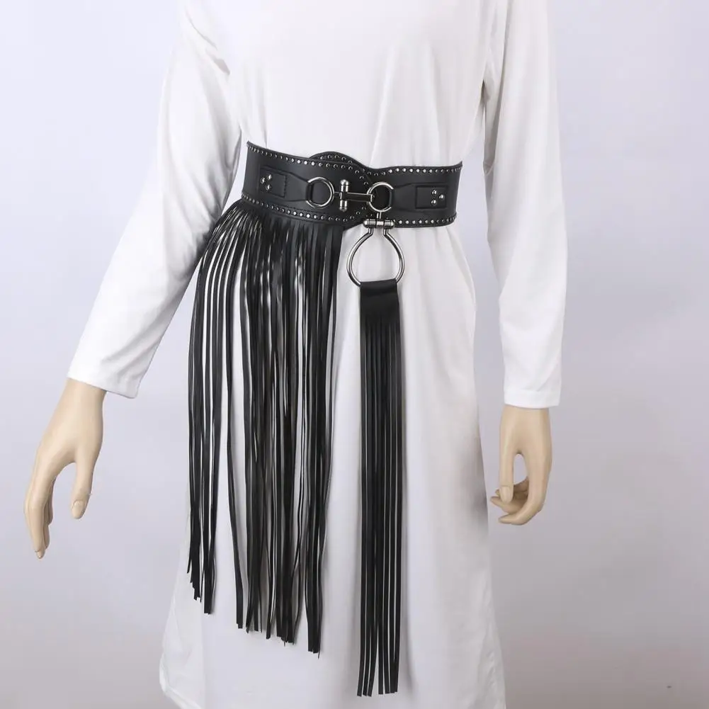Tassel Design Belt Retro Style Women's Imitation Leather Belt with Tassel Design Solid Color Adjustable Waist Belt for Women