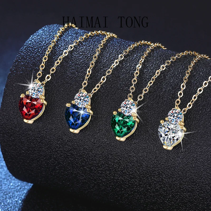 

HAIMAITONG PT950 платиновое муассанитовое культивированное изумрудное ожерелье с рубином и сапфиром, классическое женское ожерелье в форме любви