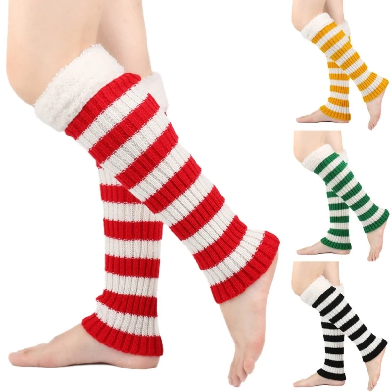 Women Christmas Ribbed Knit Striped Leg Warmers Calf Socks Furry Plush Cuffs Patchwork Foot Covers Footless Boot Socks