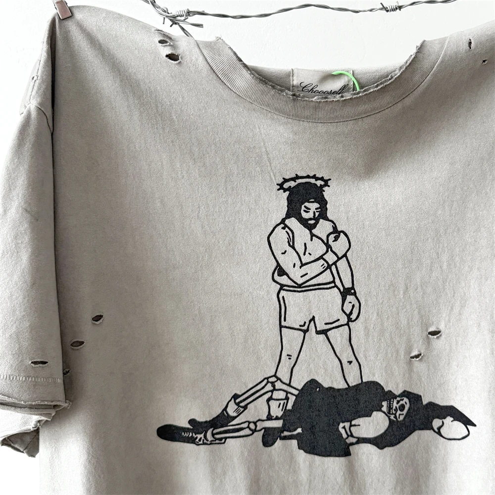 Hole Boxer Print Washed Saint T-Shirts Men Women High Quality Tee Vintage T Shirt