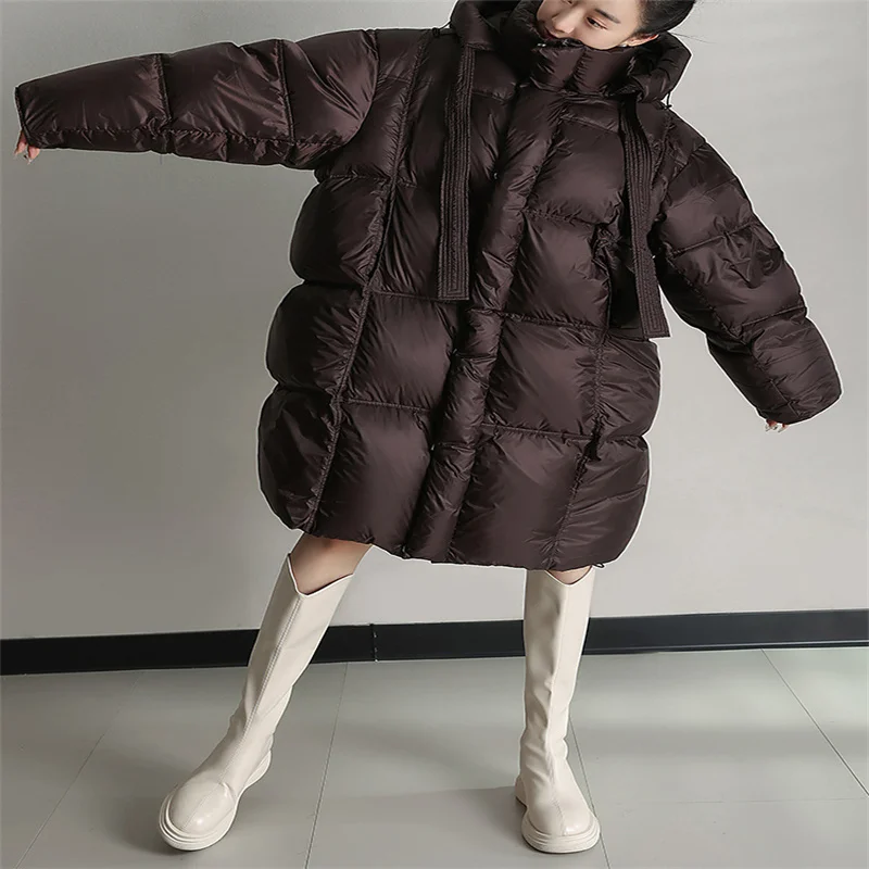 New 90 White Duck Down Thick Hooded Medium Length Women's Down Coat Warm Small Sun Loose Down Coat C93