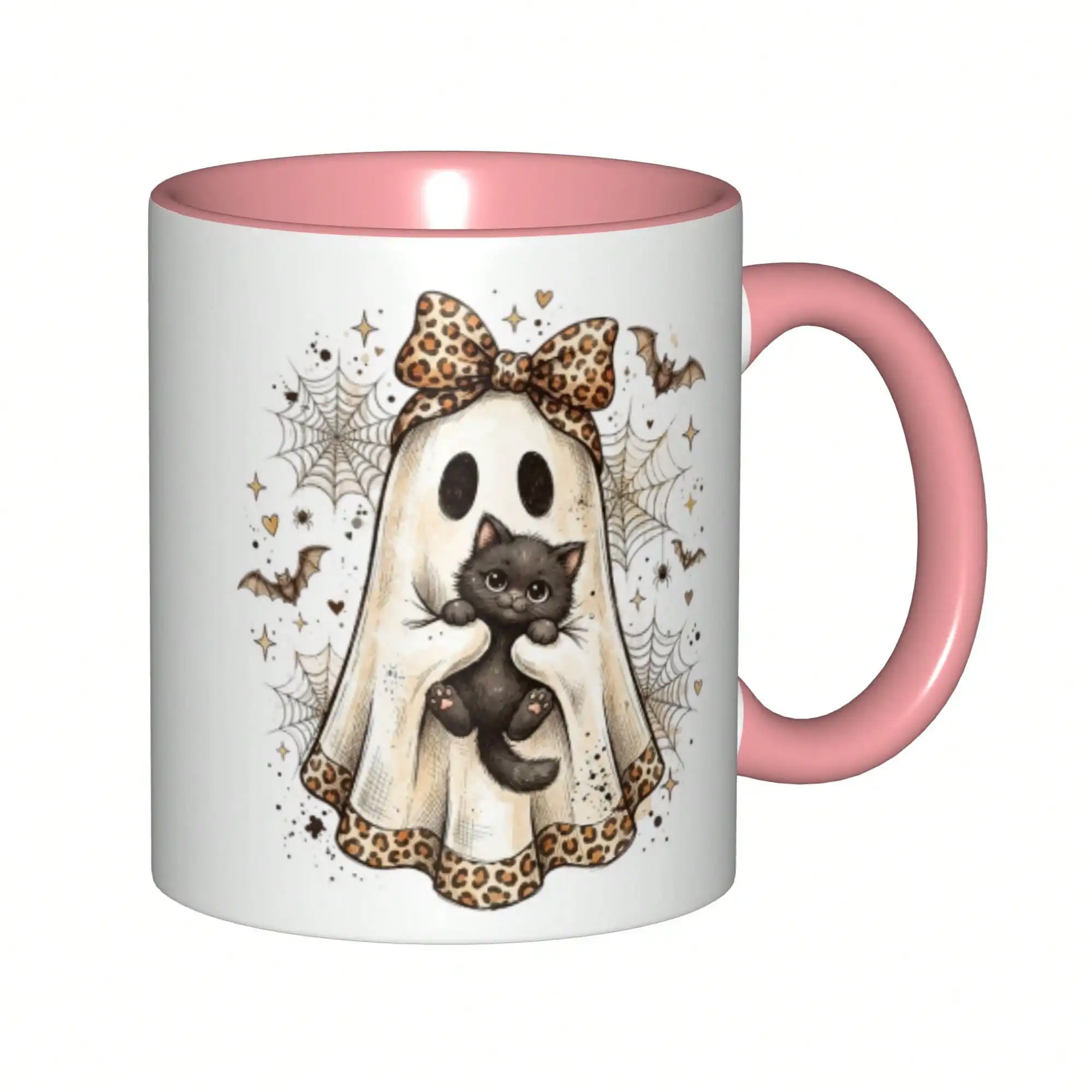 1pc Cute Ghost Leopard Bow Black Coffee Mug Halloween Spider Web Bat Design Porcelain Cup Beverage Cup Coffee Cup Microwave Friend Halloween Lover Halloween Birthday