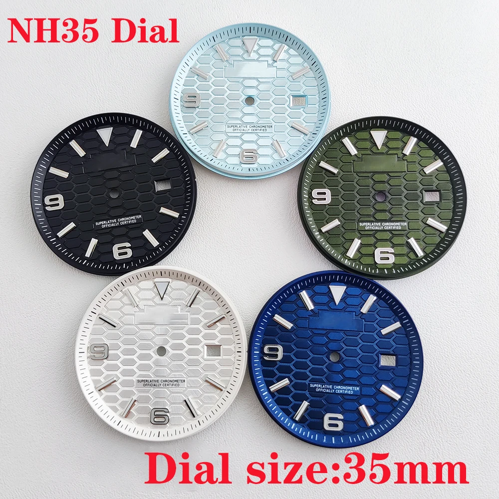 NH35 dial 35mm case honeycomb land watch blue luminous dial, suitable for NH35 automatic movement lumens case strap module part