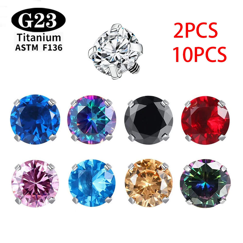 2/10PCS ASTM F136 Top internal thread zircon Labret Stud Earring Nose stud Piercing Body Jewelry accessories G23 Titanium