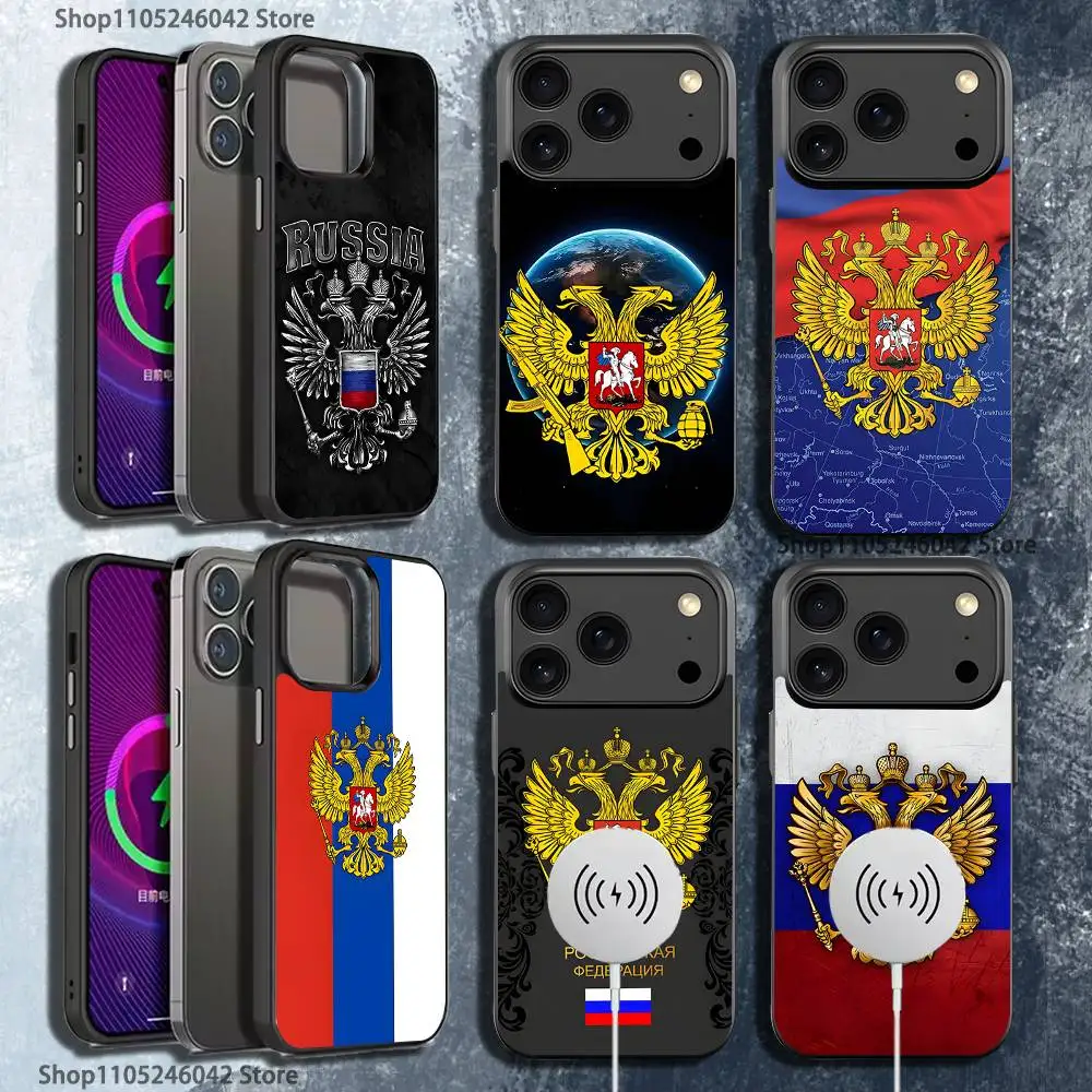 

Russia Flag national emblem Magnetic Wireless Charging Black Phone Case For iPhone 17,16,15,14,13,12,11,Pro,Max,Plus,Mini,SE4,E