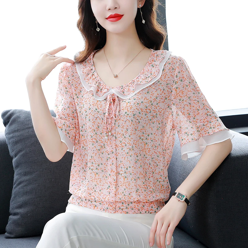 

2024 Summer New Fashionable Flower Doll Collar Age Reducing Chiffon Shirt Women's Underbelly Short sleeved Top