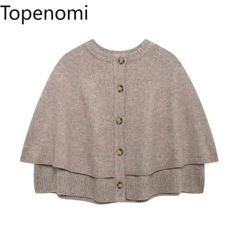 Topenomi Autumn Winter Cape Single Cardigan Women O Neck Single Breasted Short Sweater Coat Vintage Loose All Match Tops Jumper