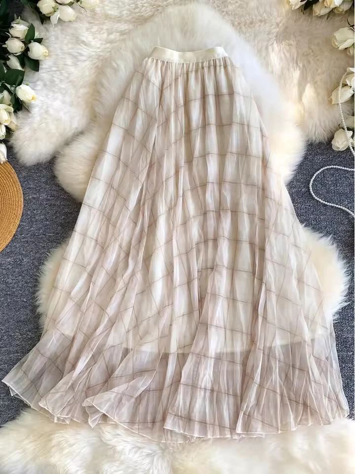 2026 Spring Summer Women's Plaid Print Mesh Skirt Loose High Waist Elegant Fashion Slimming A-Line Pleated Flared Skirt
