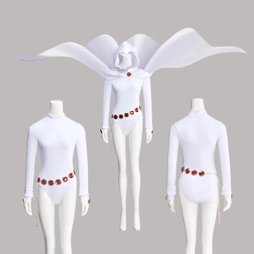 

Anime Cosplay Raven Costume Women's White Bodysuit Hooded Cloak Full Set Halloween Carnival Party Superhero Battle Suit