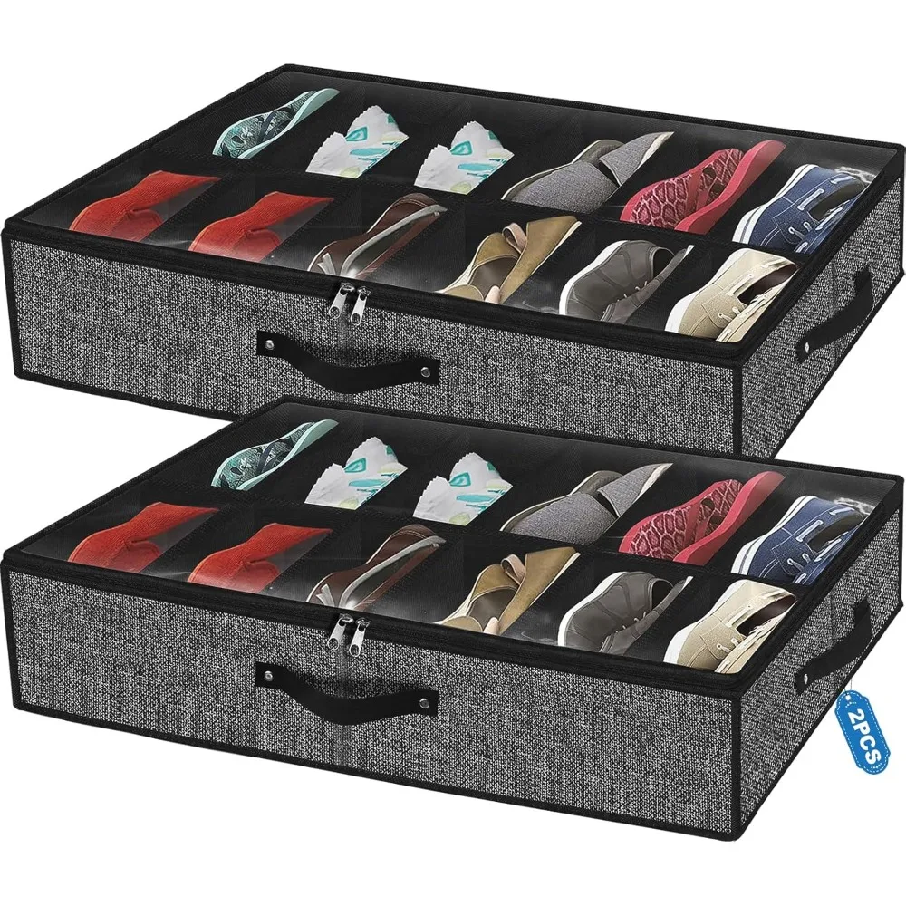 

Under Bed Shoe Storage Organizer for Closet Fits 24 Pairs-Sturdy Underbed Shoe Storage Box Bins,Set of 2 (Linen-like Bl
