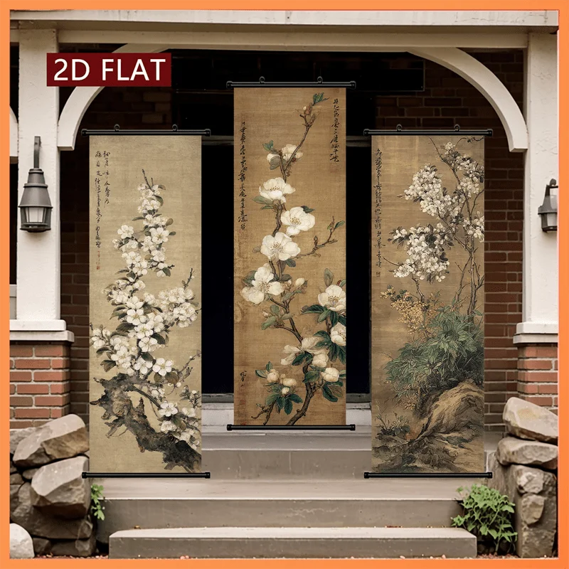 VIKAMA Chinese White Blossom Floral 3 Piece Wall Scroll Tapestry Set Silk Flower Wall Art Decor for Living Room Bedroom Gift