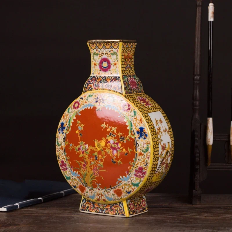 Traditional Chinese Antique Enamel Colored Flower Bird Pattern Flat Vase Ceramic Vase Modern Exquisite Craftsmanship Ornament