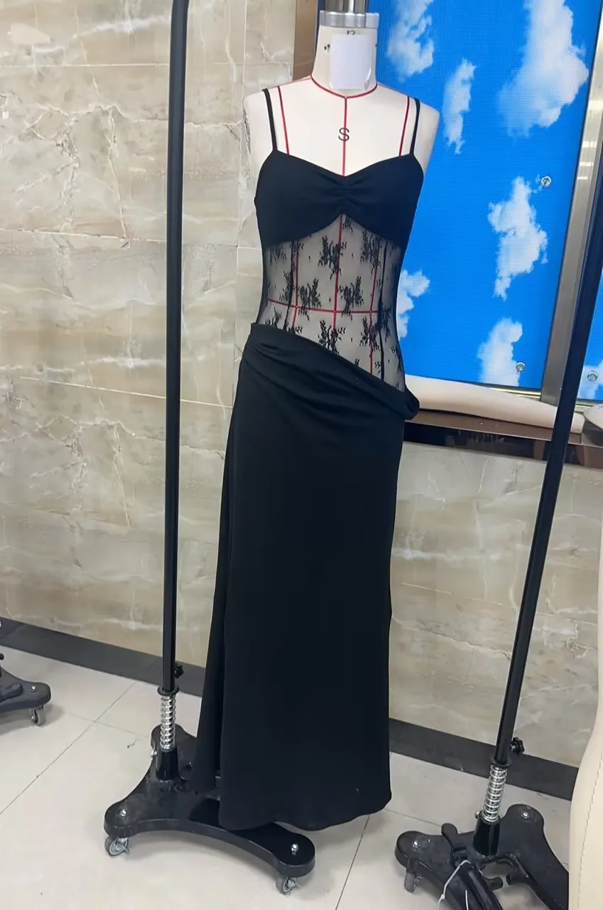 Women Summer Fairycore Patchwork Lace Cami Dress Slim Cut Out Sweetheart Neck Spaghetti Strap Backless Party Club Long Dress