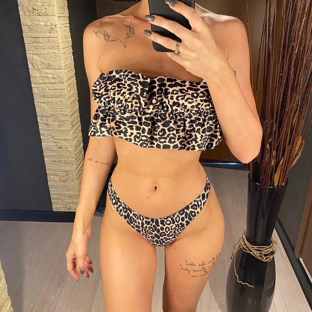 2024 Women's Swimsuits Leopard Swimwear Ruffled Bandeau Bikini Set Woman Two-piece Swimwear Brazilian Bathing Suit Female Bikini