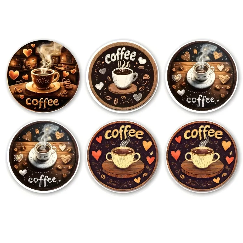 Coaster Set of 6 - Vintage Coffee Lovers Handcrafted Reclaimed Wood with Romantic Heart & Coffee Bean Art, Valentine's Day Gift