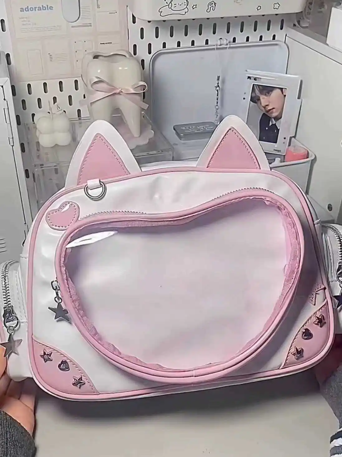 Cute Love Cat Pink Backpack Schoolbag Transparent Kawaii Itabag Commute Shoulder Women\'s Bag