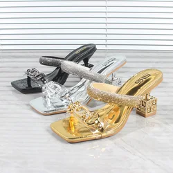 Women's Shoes 2024 Summer New Crystal Word Buckle High Heels Sandals Square Heel Fashion Sexy Outside Women Slippers