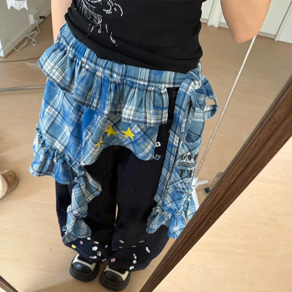 

Star Layer Outfits Plaid Skirt Shirt Extender Sweet Lace Up Hip Scarf Y2K Hip-hop Ruffled Edge Waistband