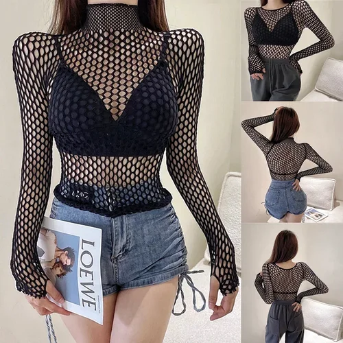Imagen 2 del producto Camiseta gótica Sexy de rejilla negra con transparencias para mujer, camisetas ajustadas góticas caladas de manga larga, Top corto, camiseta, ropa de calle